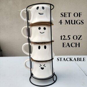 NEW Ceramic Ghost Mugs Mug Set of 4 Stacking Stackable White Stoneware Can hold